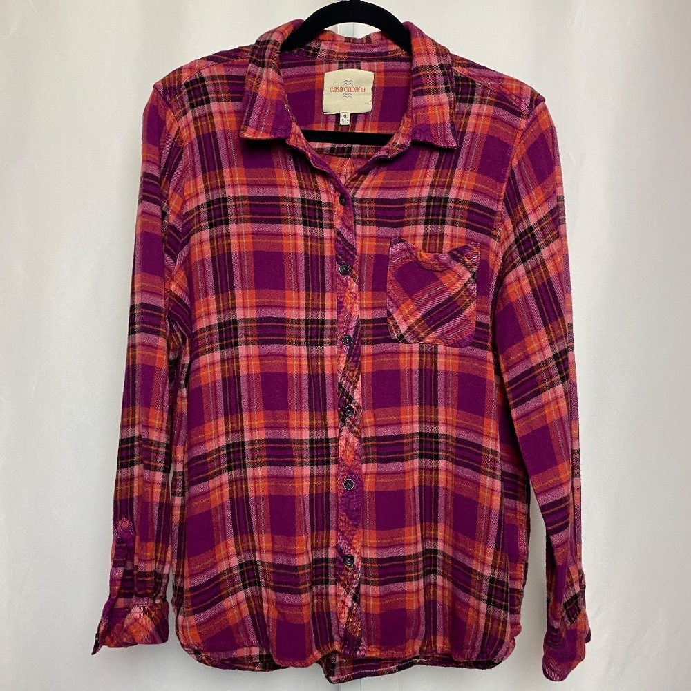 💙5/$15 Casa Cabana Womenʻs Purple Orange Rayon Long Sleeve Button Down Size XL